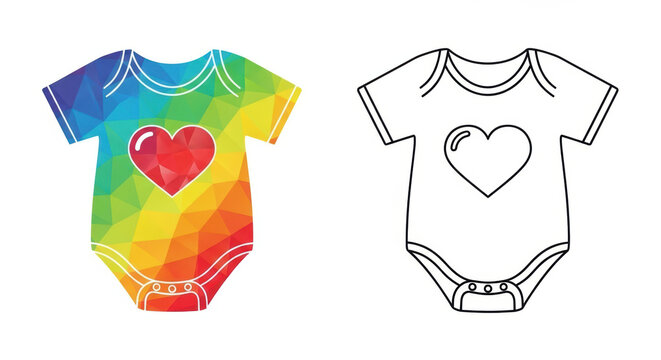 Colorful baby onesie with rainbow and white stripes next to a cute cartoon baby face