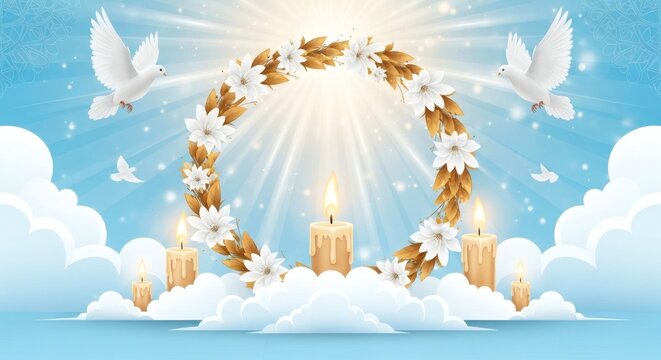 Heavenly Wreath with Doves and Candles &ndash; Assumption of Mary Spiritual Background