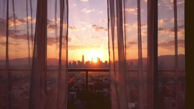 City skyline at sunrise seen through sheer curtains with golden sunbeams breaking through clouds over buildings.