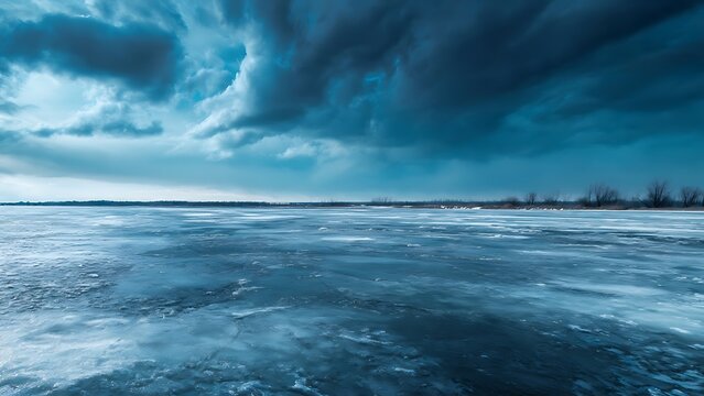 Dramatic winter landscape with frozen lake and dark stormy sky.