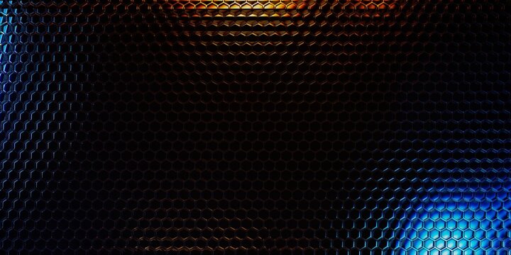 Abstract transparent glass hexagon background with blue and orange glowing lights, futuristic geometric pattern
