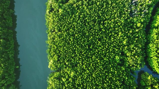 Amazing abundant mangrove forest, Aerial view of forest trees Rainforest ecosystem and healthy environment background, Texture of green trees forest top down, High angle view