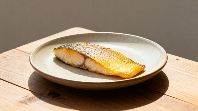 walleye. Freshly cooked golden-brown walleye fillet on ceramic plate, clean wooden countertop, healthy meal concept, menu design.