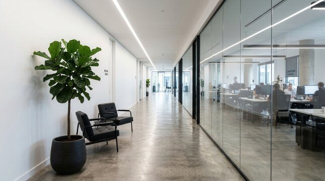 Modern office space long corridor has glass Front view on blank