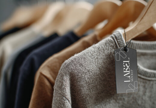 Clothing Mockup PSD With Hanging Sweaters On Wooden Hangers In Soft Light