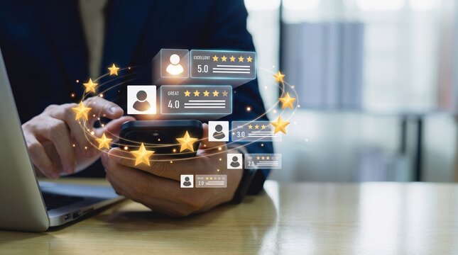 Person rating service quality on mobile phone with floating star ratings and user feedback bubbles, customer satisfaction review for app store, online business reputation