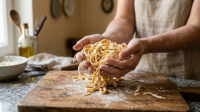 Pair hands holding pile uncooked tagliatelle pasta wooden Woman preparing