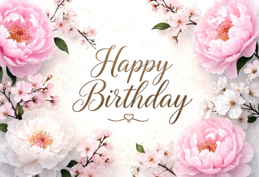 Beautiful birthday card with elegant pink peonies and delicate blossoms in floral frame design