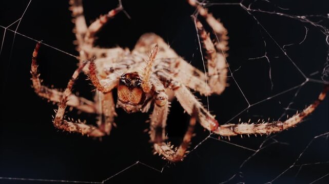 Macro close up of a large orb weaver spider resting on intricate spider web at night.