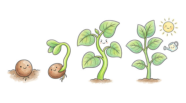 Cute cartoon illustration showing the growth stages of a plant from seed to mature plant, with smiling sun and watering can.