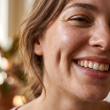 Woman displays a joyful expression with visible dimples on her cheeks while standing in a brightly lit room.