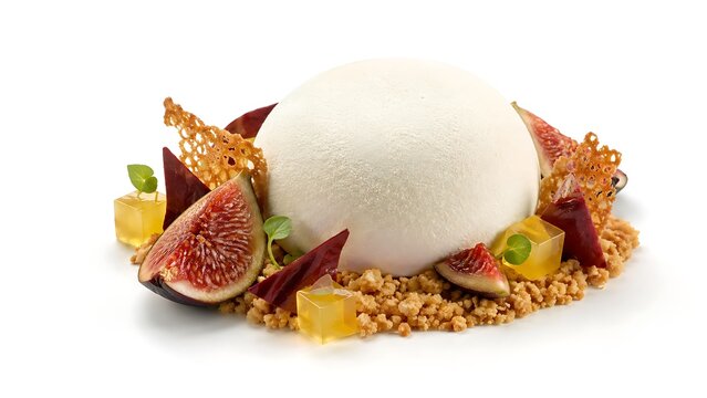 Fine dining dessert featuring a velvety white mousse dome, fresh figs, bergamot gel, honey biscuit crumble, Earl Grey elements and leaf-shaped tuiles