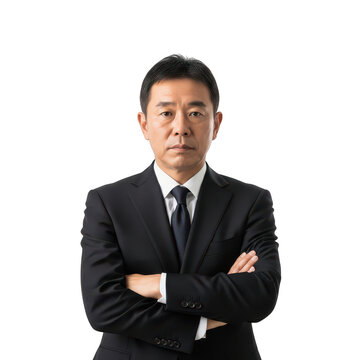 Confident japanese businessman in a formal black suit isolated on transparent background
