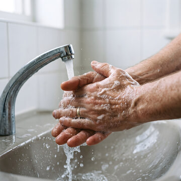 Hands wash thoroughly with soap under a running metal faucet in a bright home bathroom setting.