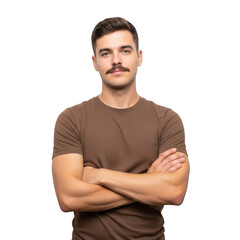 Fototapeta premium Young man with mustache wearing a brown t-shirt isolated on transparent background