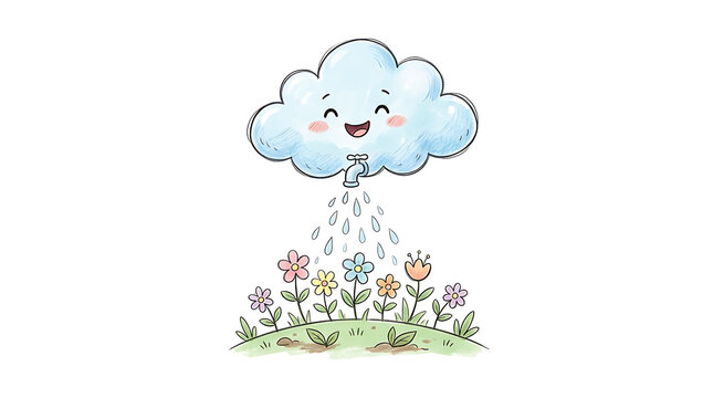 A cheerful cartoon cloud with a faucet raining water onto a vibrant garden of colorful flowers on a small green hill.