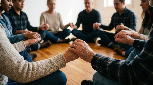 Group people sitting circle their hands clasped together Support with group, therapy