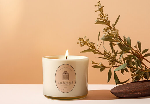Elegant Candle Mockup PSD With Lit Jar And Olive Branch On Warm Backdrop