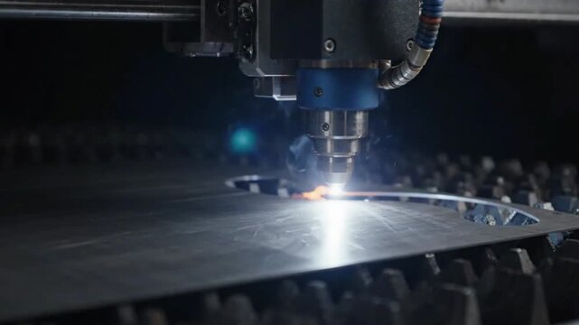 Laser cutter machine processes a flat metal sheet while emitting bright sparks during the manufacture.