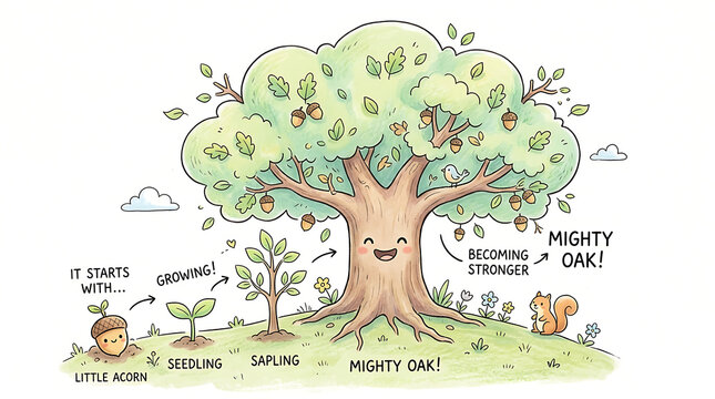 A charming cartoon illustration depicting the life cycle of an oak tree, from a little acorn to a mighty, smiling oak, with a squirrel nearby.