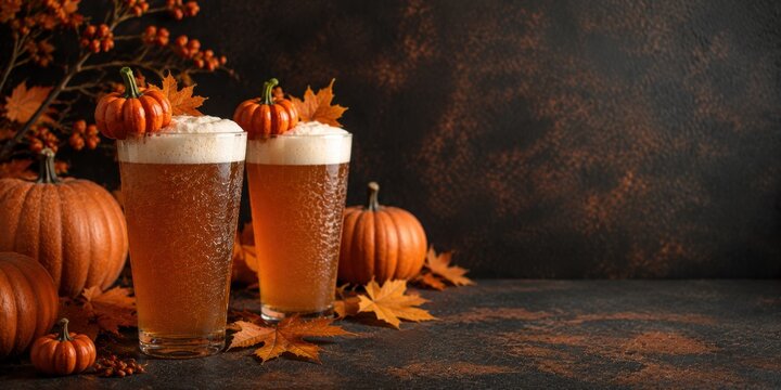 Two glasses of Oktoberfest beer decorated with miniature pumpkins on a rustic autumn background with copy space. Seasonal beer festival celebration, fall drinks and cozy harvest atmosphere