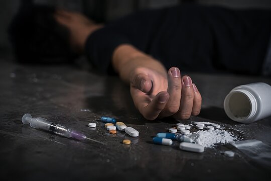 Unconscious person lying on floor with drugs