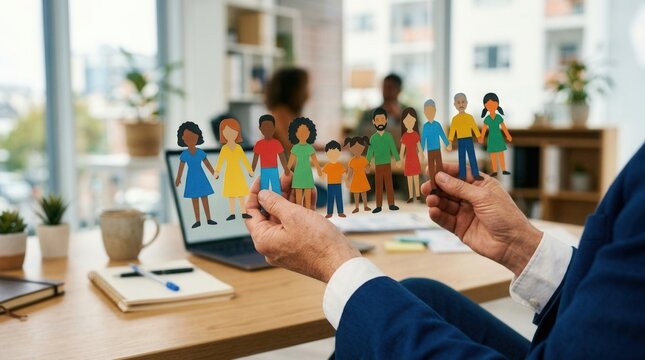 Person hands holding group colorful paper cutouts people Diversity And Inclusion. Business
