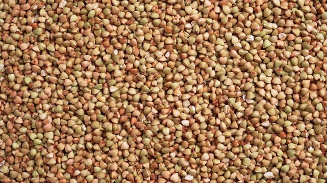 Raw buckwheat groats with scattered triangular grains creating a organic texture. Abstract food background. Rotation