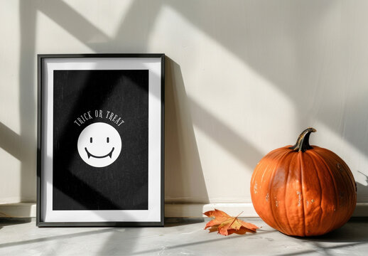 Halloween Decor Frame Mockup With Pumpkin PSD