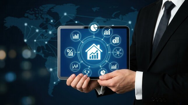 Person hand holding tablet blue background is The influence of central