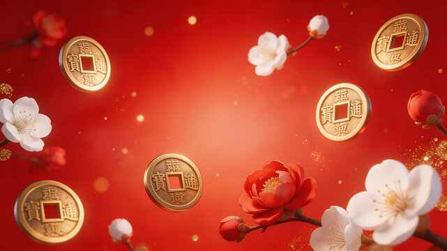 Golden coins and flowers on red background