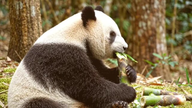 Giant panda sitting comfortably on forest floor surrounded by trees while holding large bamboo shoot in front paws and chewing it slowly in natural habitat.