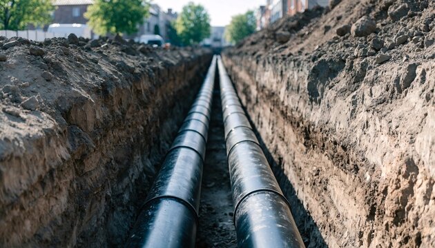 Two industrial black pipes installed inside an excavated earth trench at a construction site