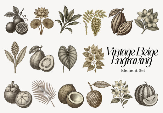 Vintage Botanical Engraving Element Design Set