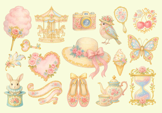 Vintage Pastel Whimsical Illustrations Element Design Set