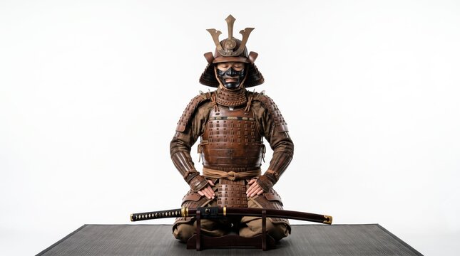 Traditional Japanese Samurai Warrior In Full Armor Sitting Seiza Position With Katana Sword On White, Ancient Asian Martial Arts Culture History, Historical Military Uniform