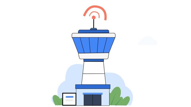 Airport Radar Control Tower with Signal Waves Vector Illustration
