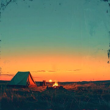 A serene camping scene at sunrise with a tent and campfire.