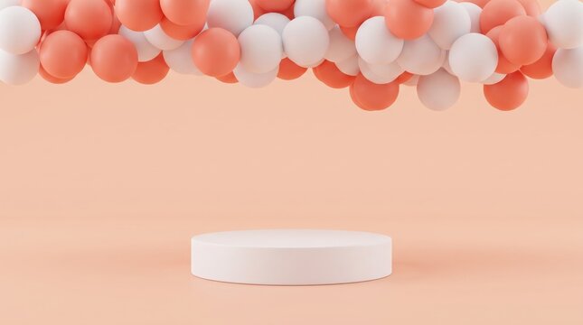 Minimalist white podium stage with peach and white balloon arch decoration overhead, pastel background for product display or celebration event announcement