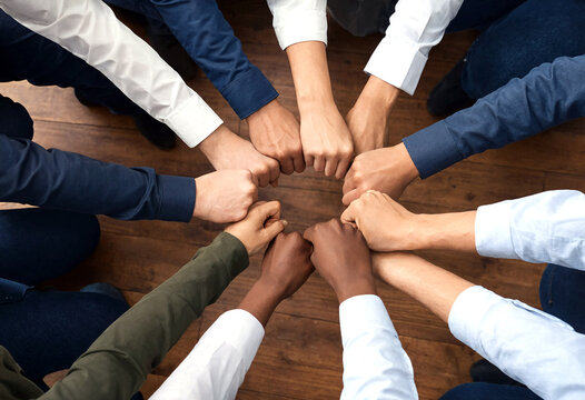 Diverse group of people putting their hands together in unity and teamwork gesture from above