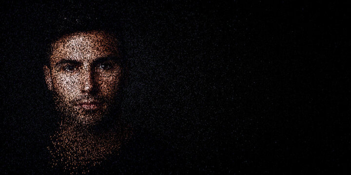 Digital ID Portrait of Man with Face made up of Computer code. GDPR compliance Concept with copy-space.