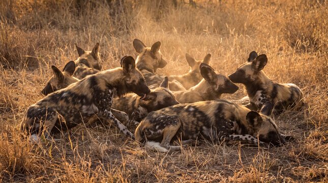 African wild dogs rest together on the dry savanna grass during the golden hour of a summer sunset.