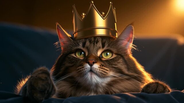 Golden crown rests atop a fluffy tabby cat