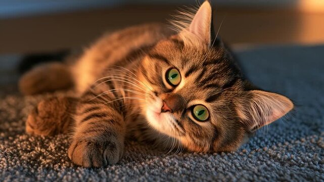 Cozy tabby cat rests on soft carpet
