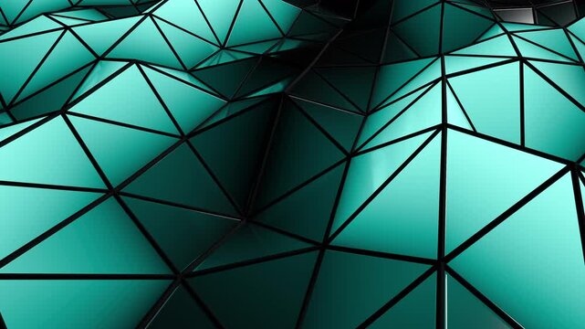 Looping 3d animation of abstract teal low poly surface, seamless render of dynamic geometric triangle waves and dark digital network grid. 3d rendering not AI