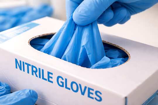 Gloved hands removing blue nitrile gloves from box in medical workplace closeup