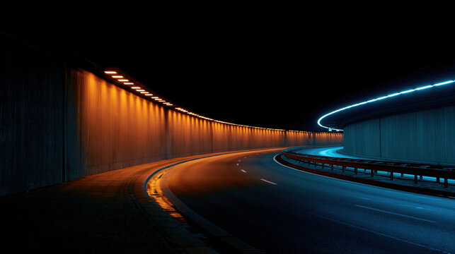 Dark futuristic highway tunnel, curving road with orange and blue light in night scene, empty urban transport route with motion sense and moody atmosphere