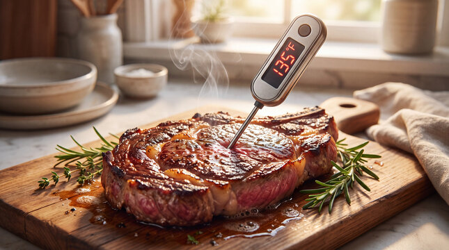 Juicy steak being measured with thermometer on wooden cutting board  