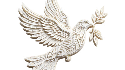 Fototapeta premium Intricate white dove carving with olive branch, ornate peace bird sculpture, elegant ivory relief of flying pigeon for religious and spiritual concepts isolated PNG with Transparent Background
