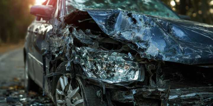 Damaged car front close up broken headlight crumpled hood shattered glass accident scene wrecked vehicle road damage insurance claim safety hazard